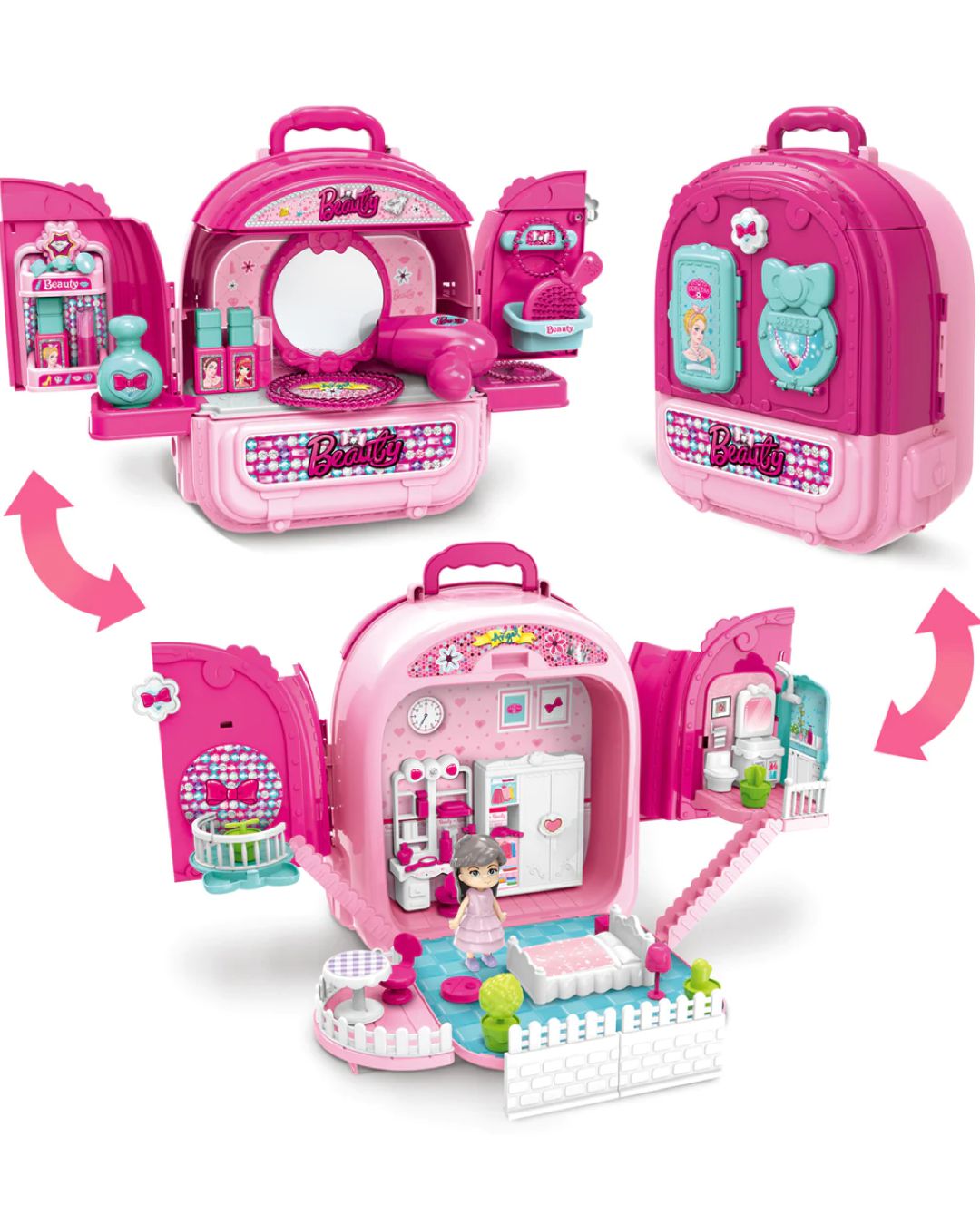 3-IN-1 Pink Portable Dolls House Backpack